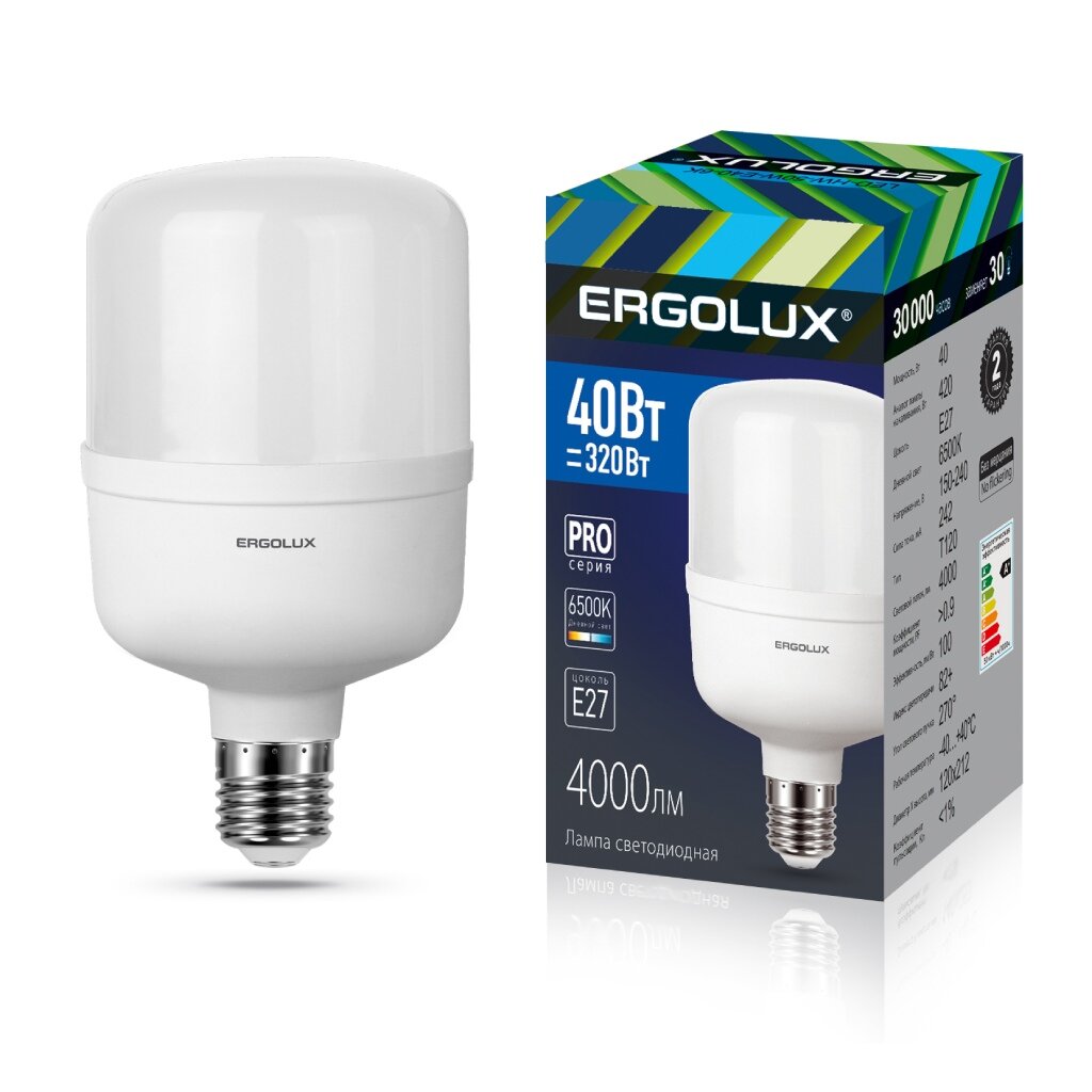 Лампа светодиодная E27, 40 Вт, 320 Вт, 150-240 В, цилиндрическая, 6500 К, свет холодный белый, Ergolux, LED-HW-40 PRO бытовой электроудлинитель ergolux