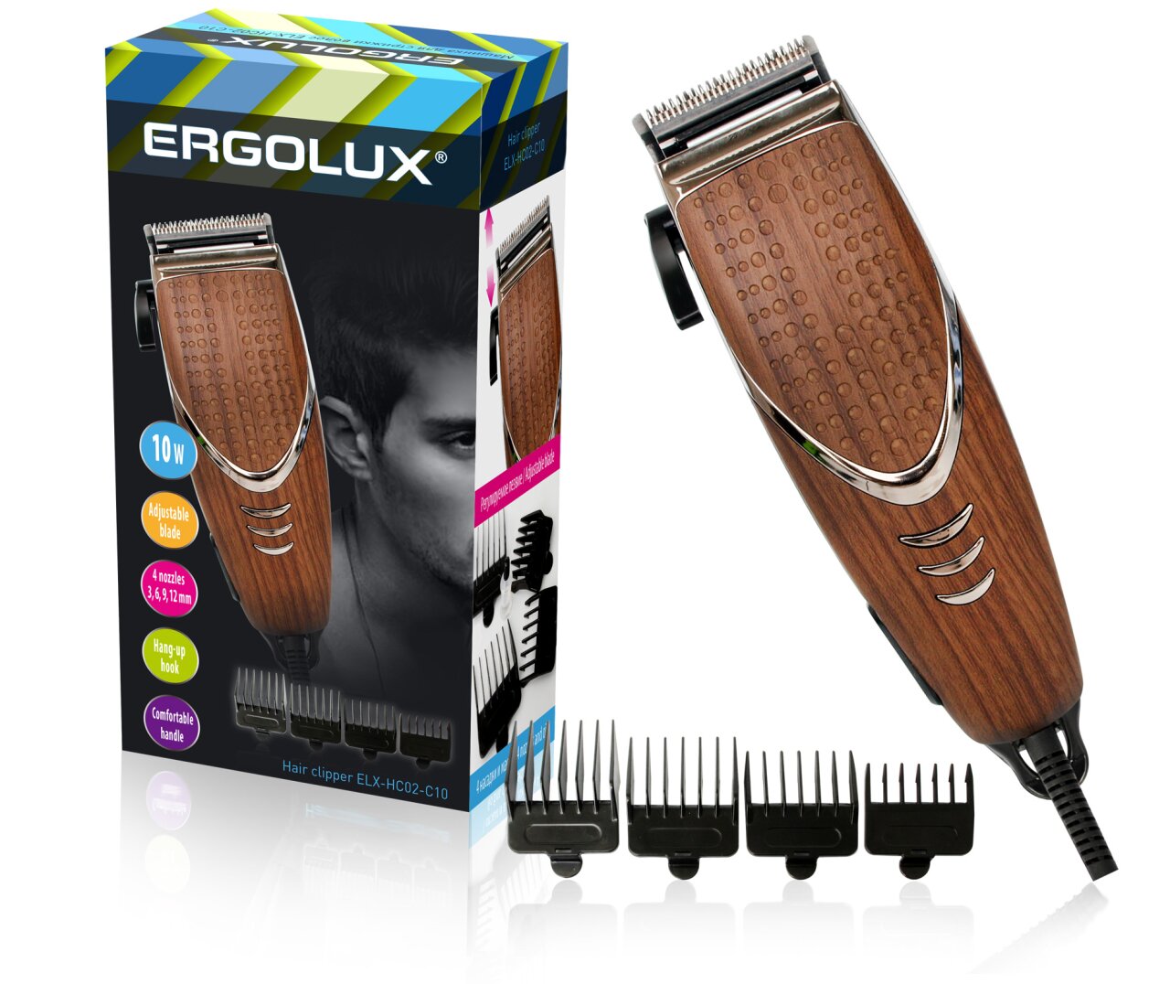 Машинка для стрижки волос, 4 насадки, щетка, масло для лезвий, коричн.дерево, Ergolux ELX-HC02-C10