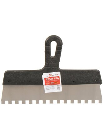 Шпатель нержавеющая сталь, 300 мм, зубчатый, зуб 10х10, рукоятка пластик, Bartex