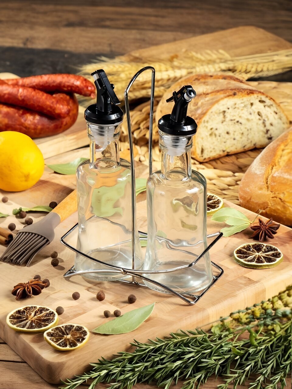 Набор для специй для масла и уксуса, стекло, 2 шт, с дозатором, на подставке, Y4-3189