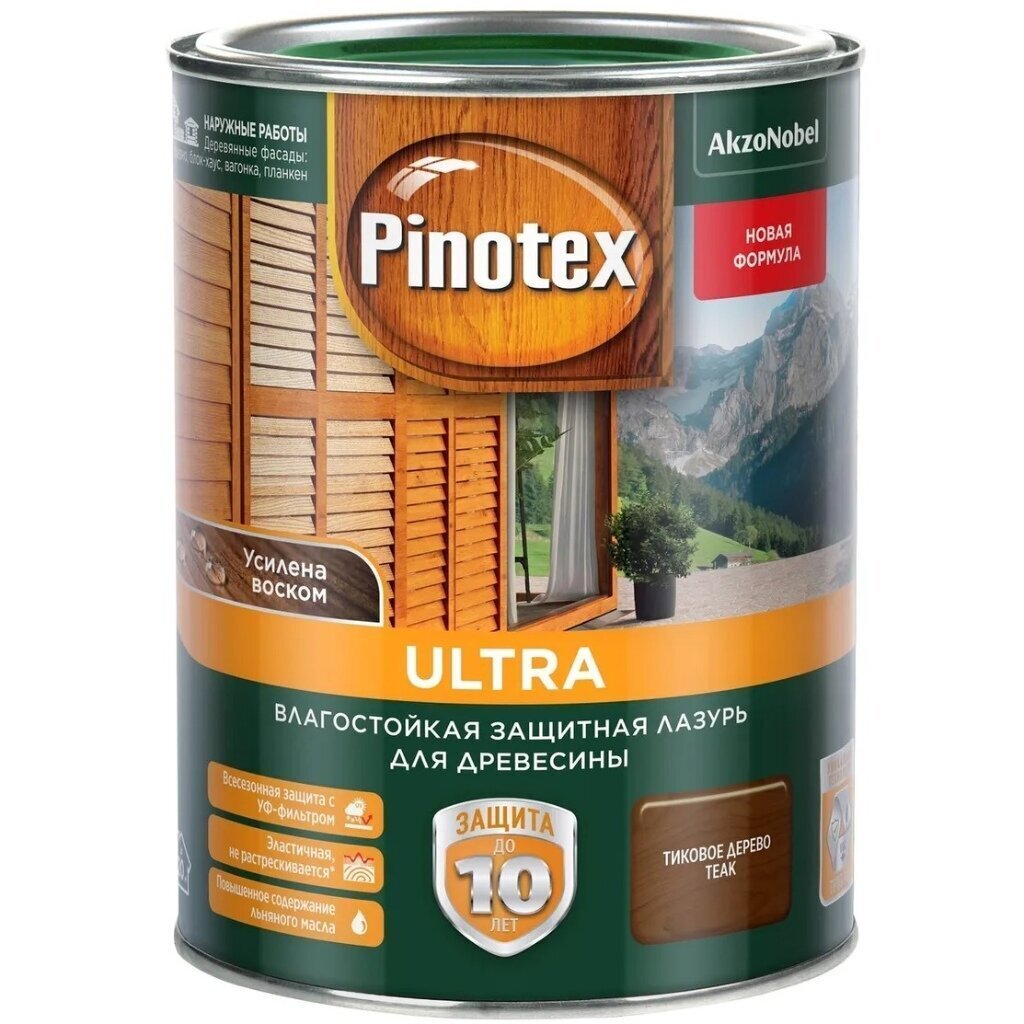 Пропитка Pinotex, Ultra, для дерева, защитно-влагостойкая, тик, 1 л