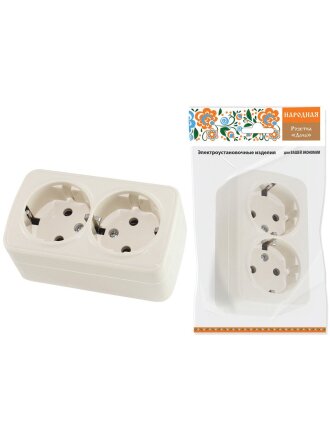 Розетка открытой установки, 2 гнезда, с заземлением, 16 А, IP20, слоновая кость, 2П+3, TDM Electric, Дача, SQ1824-0023