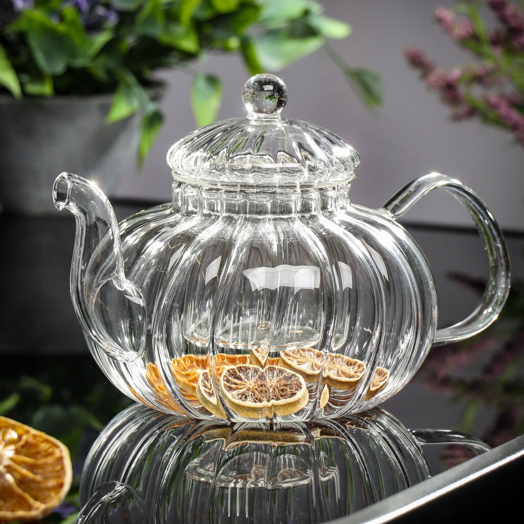 Чайник заварочный стекло, 0.8 л, рифленый с колбой, Y4-6137 чайник стеклянный заварочный чайные истории 700 мл термостойкое стекло дно d 12 см