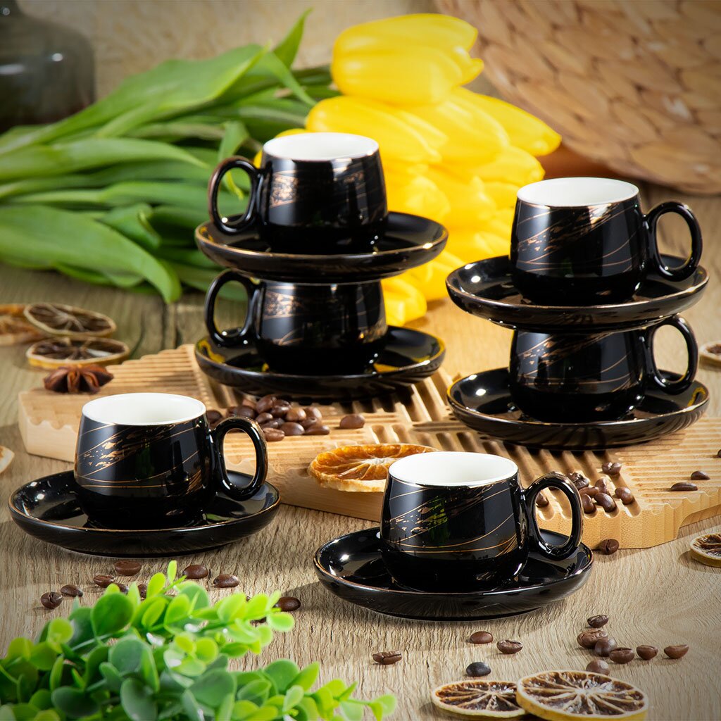Набор кофейный керамика, 12 предметов, на 6 персон, 90 мл, Черный мрамор, Y4-6607, подарочная упаковка piuma чайно кофейный сервиз на 6 персон