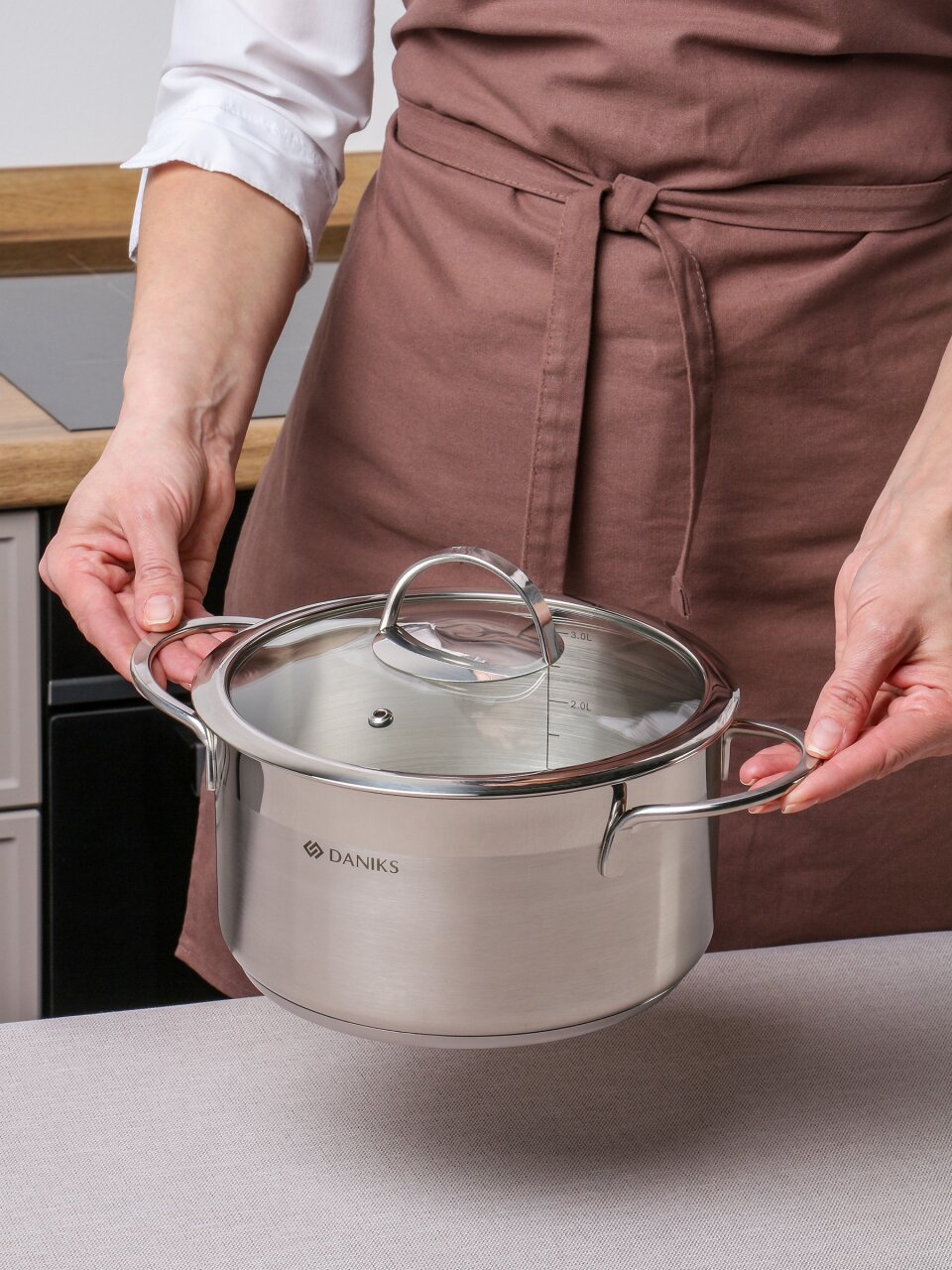 Кастрюля нержавеющая сталь, 3.4 л, крышка стекло, Daniks, Бонн, GS-01319-20CA, индукция