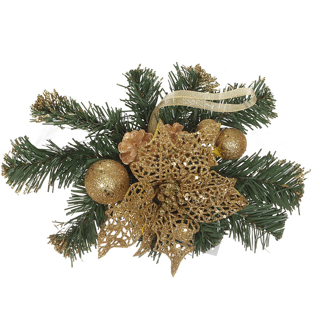 Елочное украшение Monte Christmas, Еловая ветвь, золотое, 18х28х6 см, с бантами и шарами, упаковка пакет, N9740088