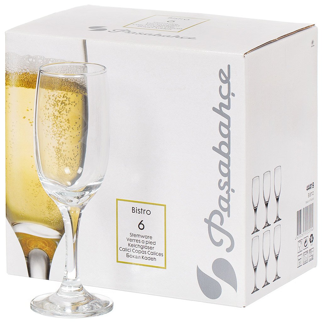 Бокал для шампанского, 190 мл, стекло, 6 шт, Pasabahce, Bistro, 44419B бокал для шампанского 200 мл стекло 4 шт pasabahce amber 440295b 4