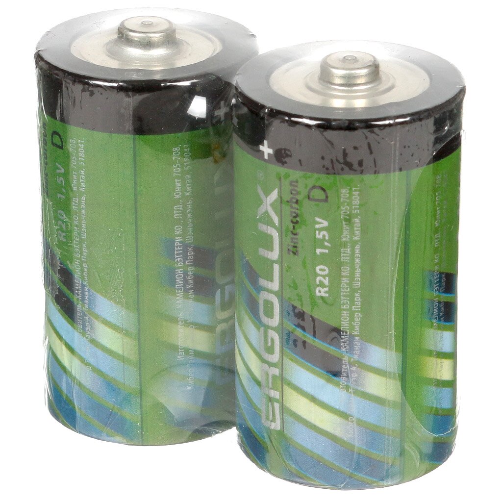 Батарейка Ergolux, D (R20), Zinc-carbon, солевая, 1.5 В, спайка, 2 шт, 12442 батарейка ergolux d r20 zinc carbon солевая 1 5 в спайка 2 шт 12442