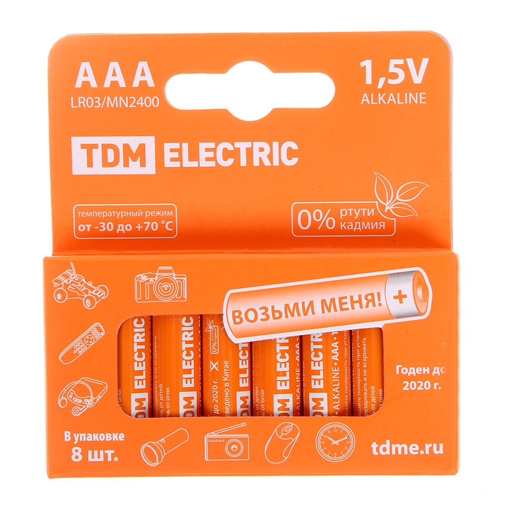 Батарейка TDM Electric, ААА (LR03, R3), Alkaline, алкалиновая, 1.5 В, коробка, 8 шт, SQ1702-0004 батарейка ergolux ааа lr03 r3 alkaline алкалиновая 1 5 в коробка 12 шт 11745