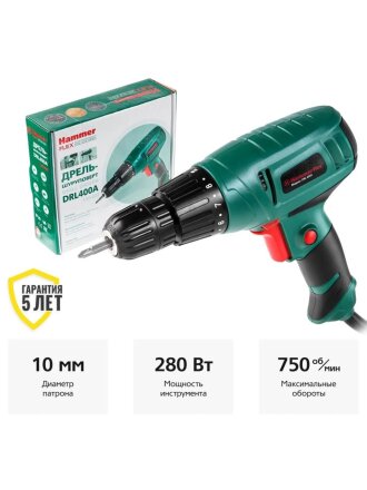 Дрель-шуруповерт сетевая Hammer, Flex DRL400A, быстрозажимной патрон, 10 мм, 280 Вт, с реверсом, 1 скорость