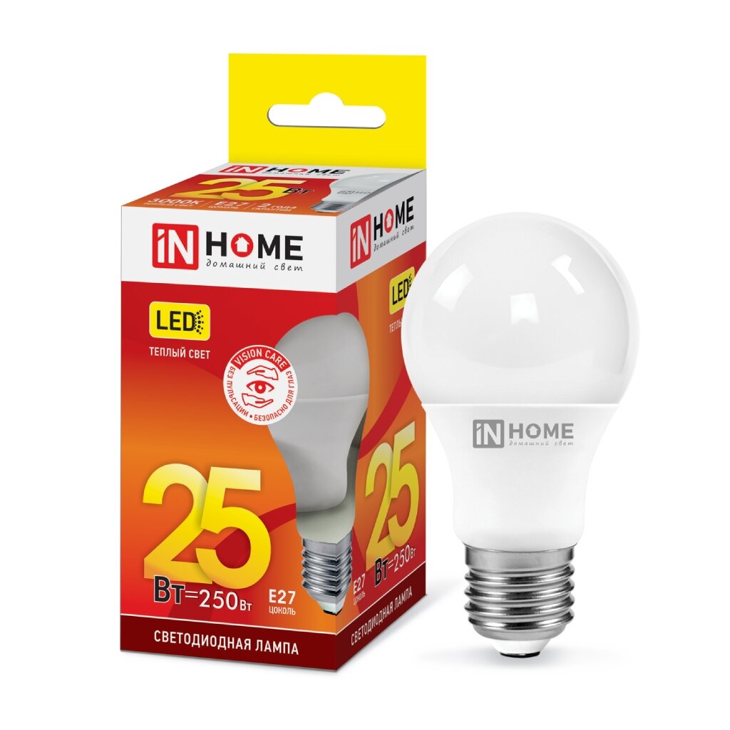Лампа светодиодная E27, 25 Вт, 250 Вт, 230 В, груша, 3000 К, свет теплый белый, In Home, LED-A65-VC