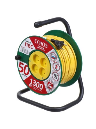 Удлинитель на катушке, 4 гнезда, 50 м, ПВС, 2х0.75 мм², без заземления, пластик, Союз, 481S-3105
