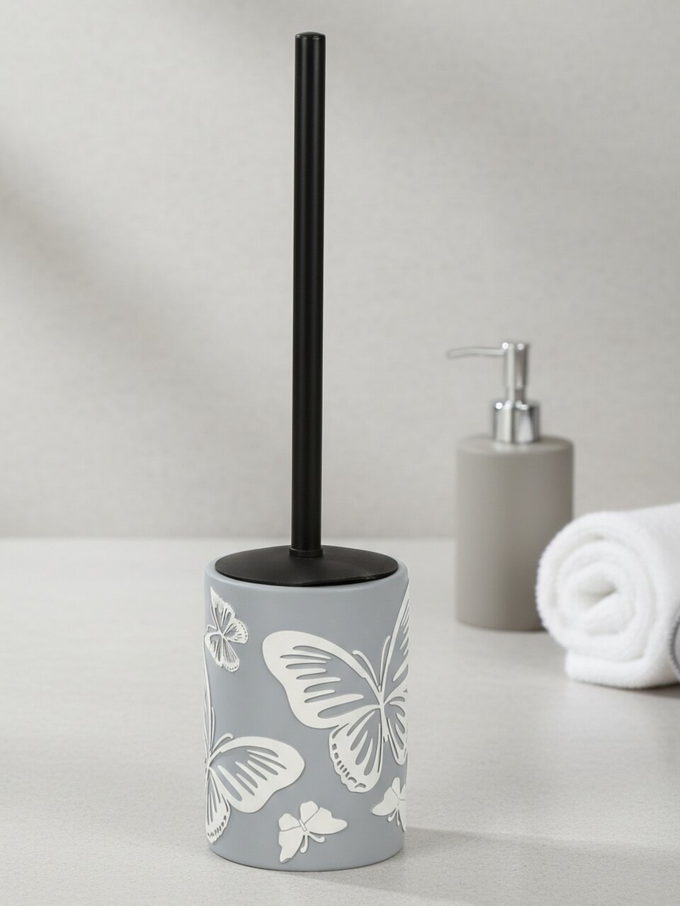 Ерш для туалета Бабочки на сером, напольный, 10x10x14.4/41 см, полистоун, BRE0878AA-TOH