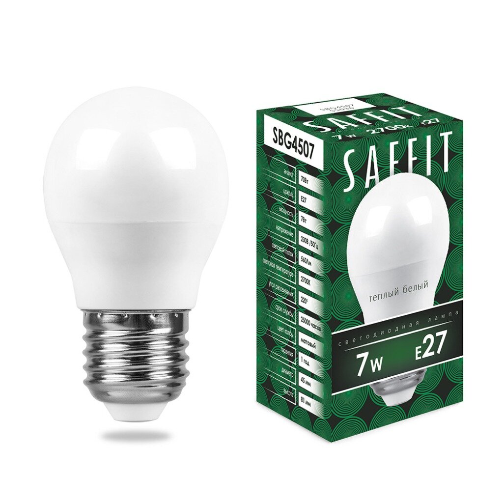 Лампа светодиодная E27, 7 Вт, 70 Вт, 230 В, шар, 2700 К, свет теплый белый, Saffit, SBG4507, G45, 55036 лампа светодиодная