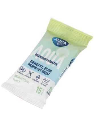 Салфетки влажные Aura, Family, антибактериальные, 15 шт, ассорти, 7045
