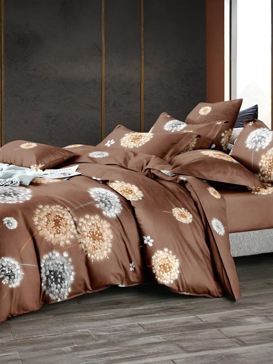 Постельное белье 2-спальное, простыня 200х220 см, 2 наволочки 70х70 см, пододеяльник 175х215 см, Майская ночь, полисатин, Цветы, коричневый 20/126-AC