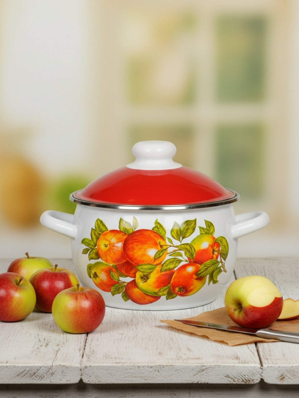 Кастрюля эмалированная сталь, 3 л, крышка сталь, кнопка, шаровидная, СтальЭмаль, Яблочный сезон, 6RH181M, индукция