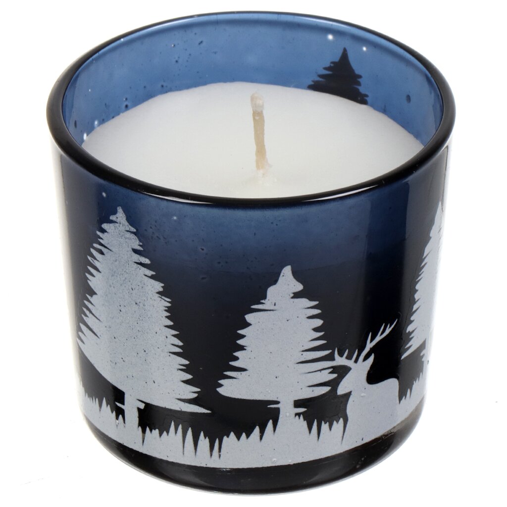 Свеча декоративная, 6.2х5.4 см, в стакане, синяя, Зимний лес, с декором, 350559146215775