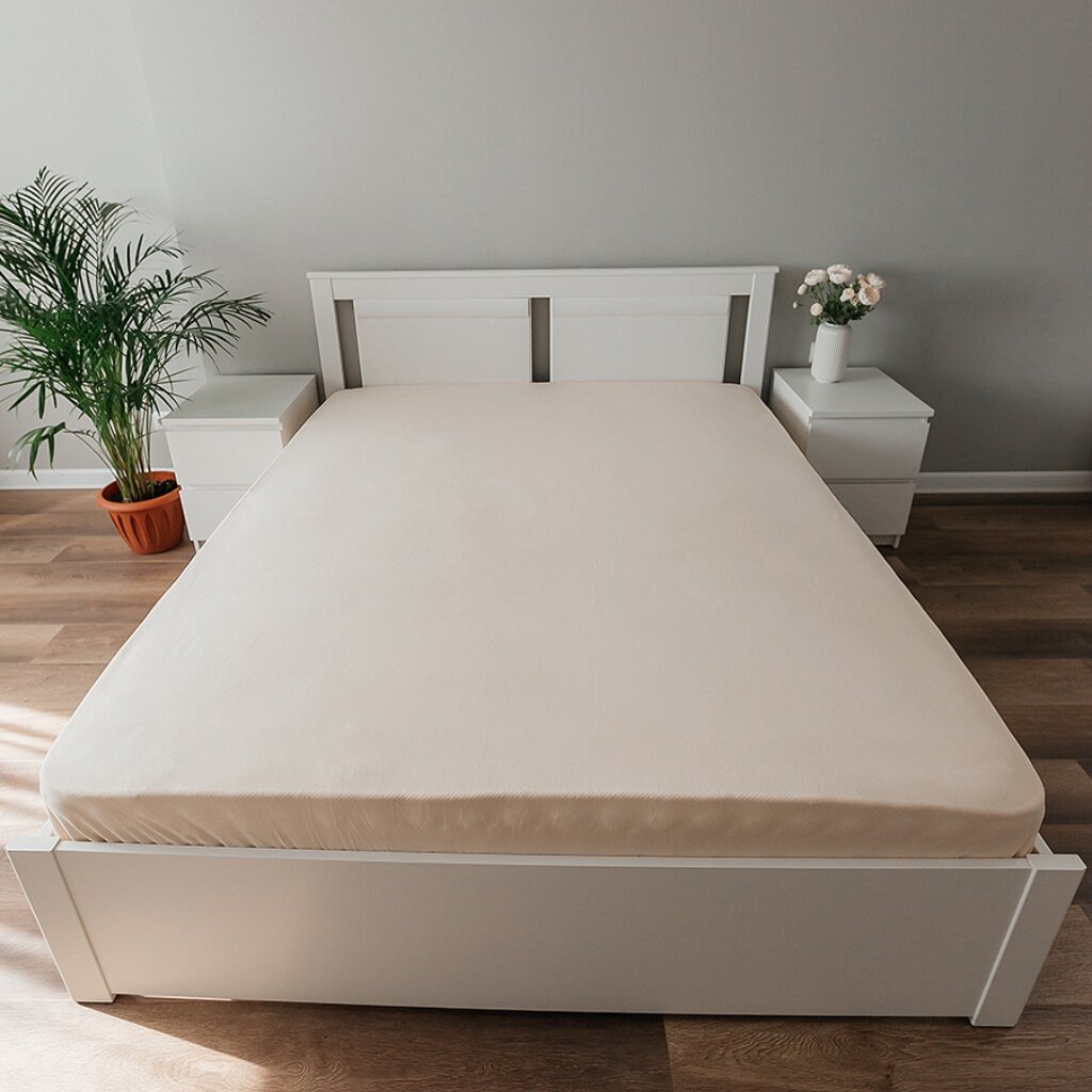 Простыня 1.5-спальная, 140 х 200 см, 100% хлопок, трикотаж, кулирка, бежевая, на резинке