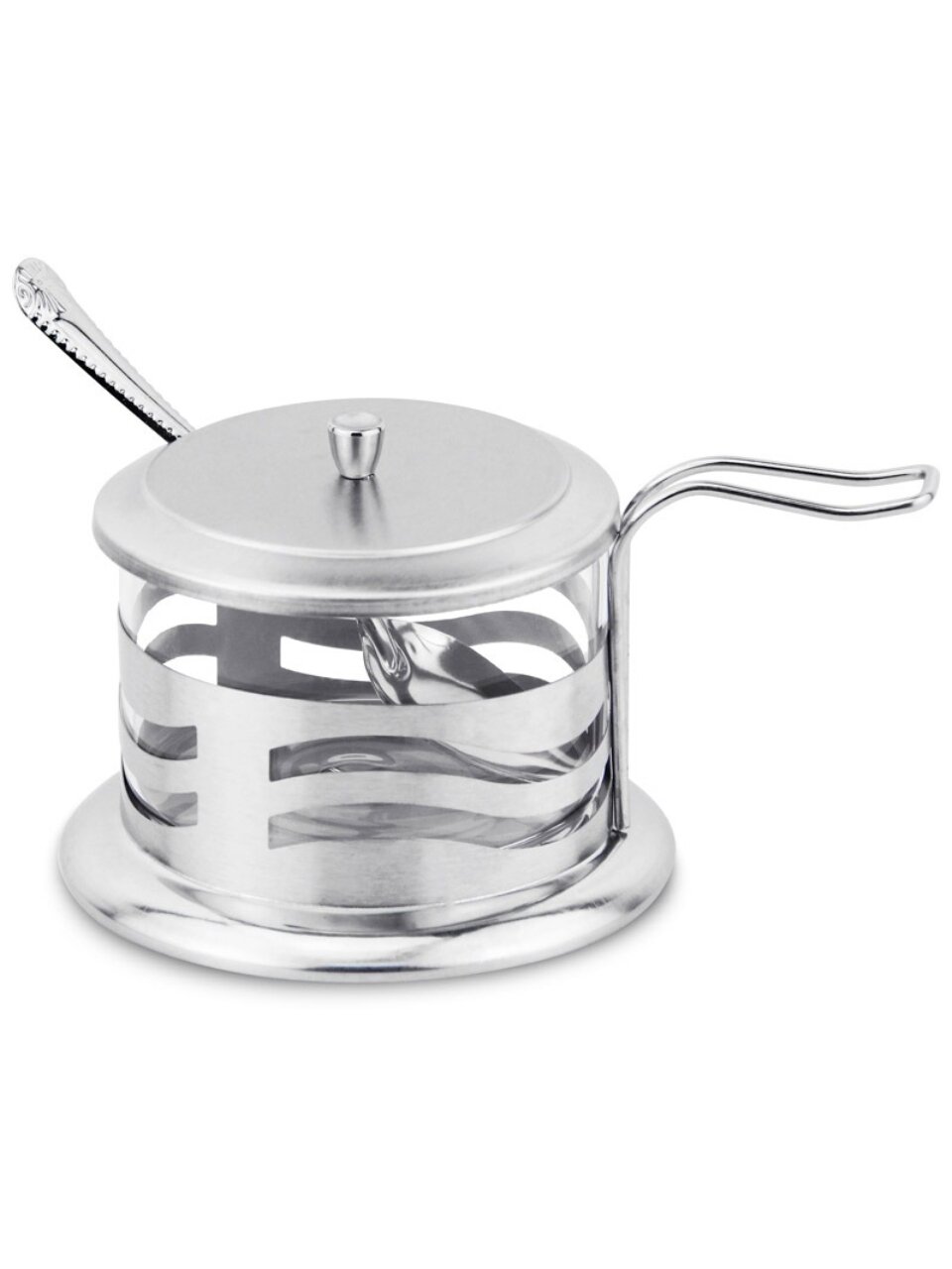 Сахарница 250 мл, нержавеющая сталь, стекло, с крышкой, с ложкой, Mallony, Dolce, Волна, 5489