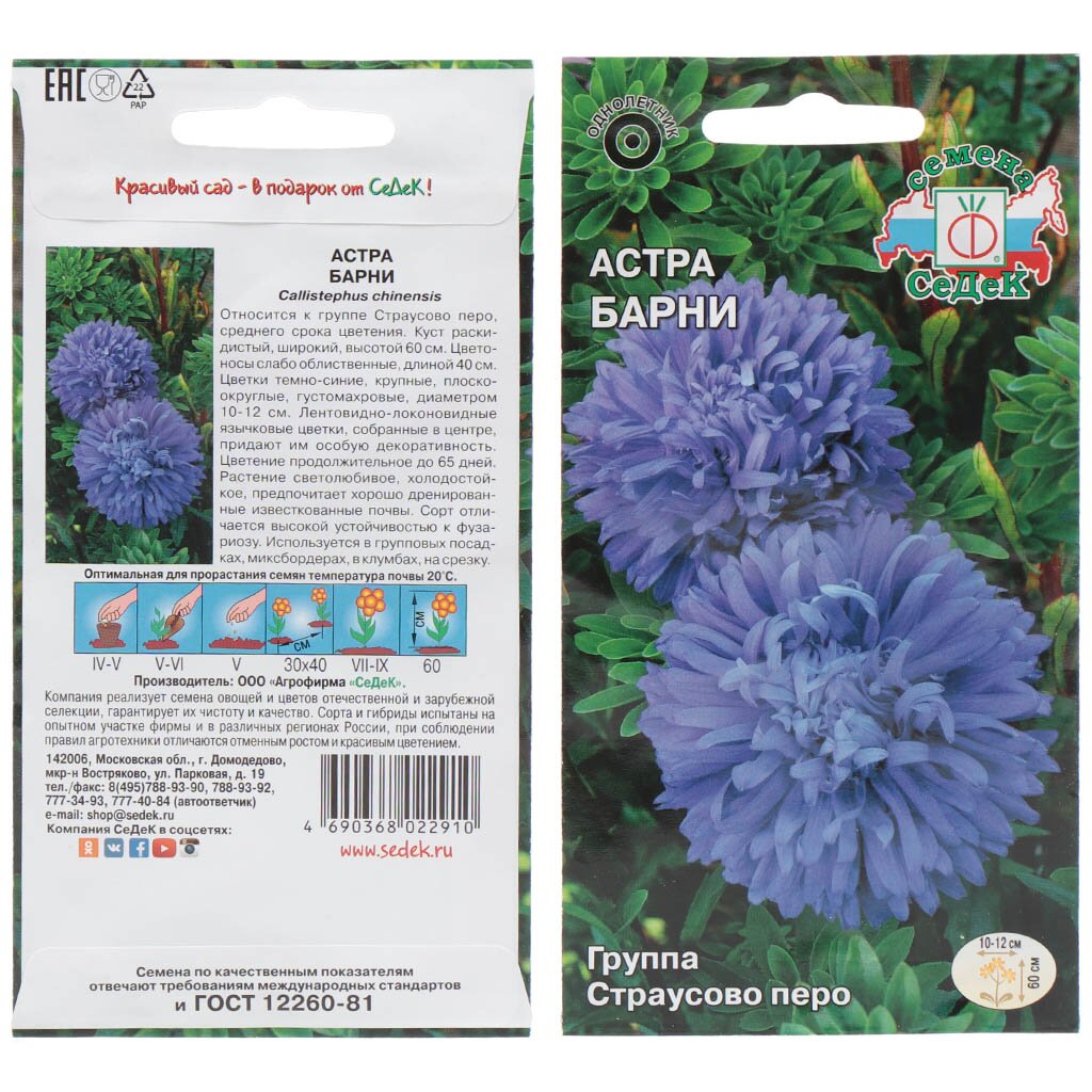 Семена Цветы, Астра, Барни страусово перо темно-синяя, 0.2 г, цветная упаковка, Седек