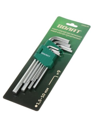 Ключ шестигранный, 9 предметов, Волат, 1.5-10 мм, никель, углеродистая сталь, длинный, 11010-09