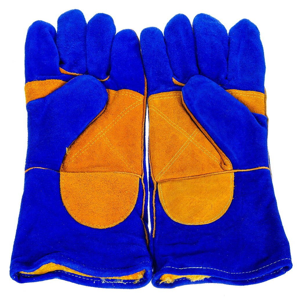 Перчатки-краги спилковые, синяя основа, с желтым усилением, утепленные, Люкс