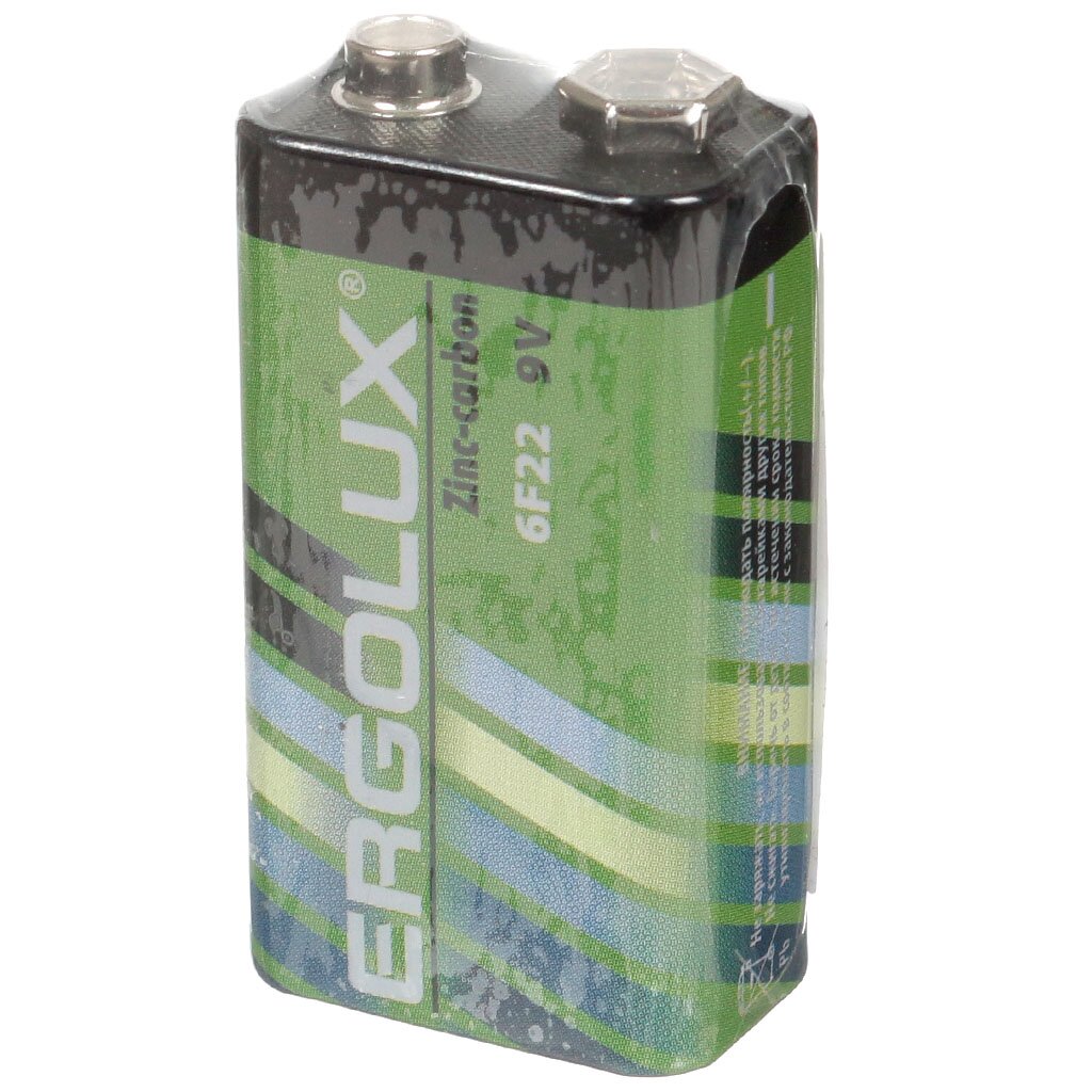 Батарейка Ergolux, 9V (6LR61, 6F22), Zinc-carbon, солевая, 9 В, спайка, 12443 батарейка panasonic d r20 zinc carbon general purpose солевая 1 5 в спайка 2 шт