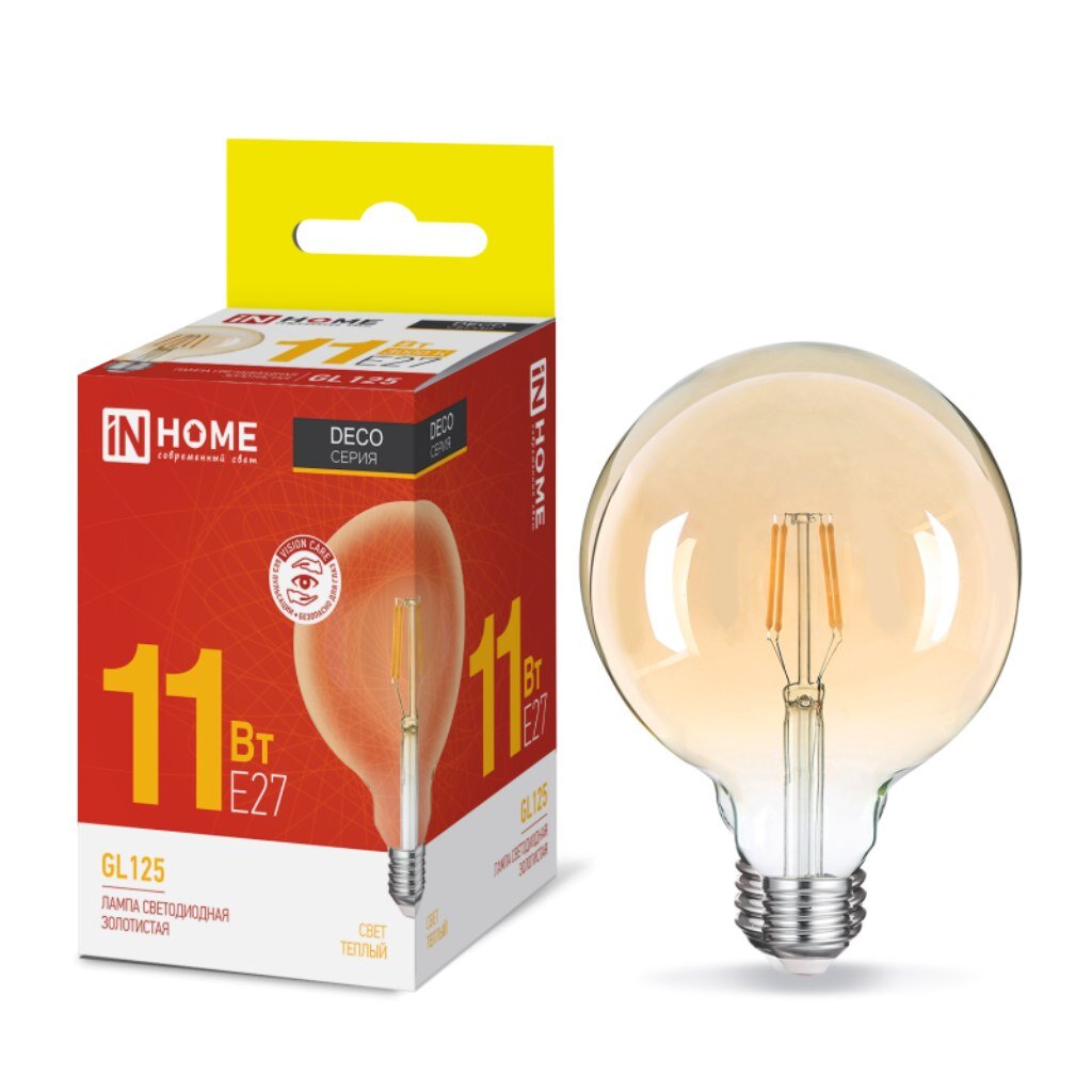 Лампа светодиодная E27, 11 Вт, 100 Вт, 230 В, шар, нитевидная, 3000 К, свет теплый белый, In Home, LED-GL-125-deco gold, золотистая