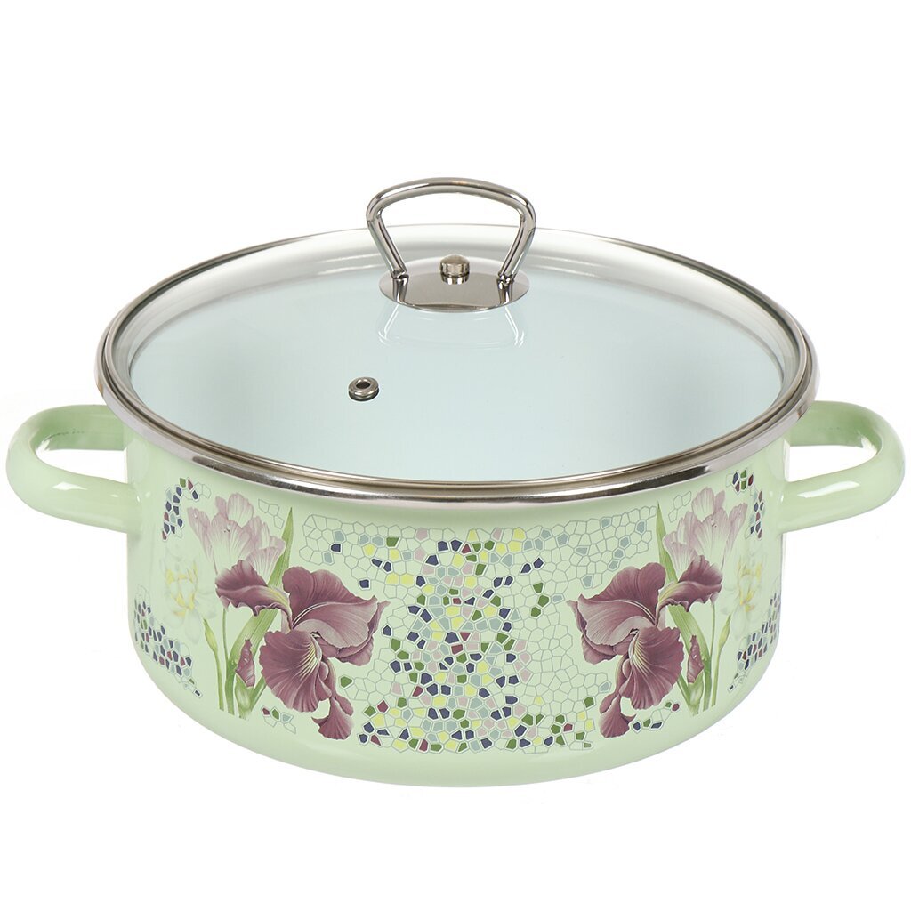 Кастрюля эмалированная сталь, 4 л, крышка стекло, цилиндрическая, СтальЭмаль, Мозаика, 8RB221S, салатовая, индукция