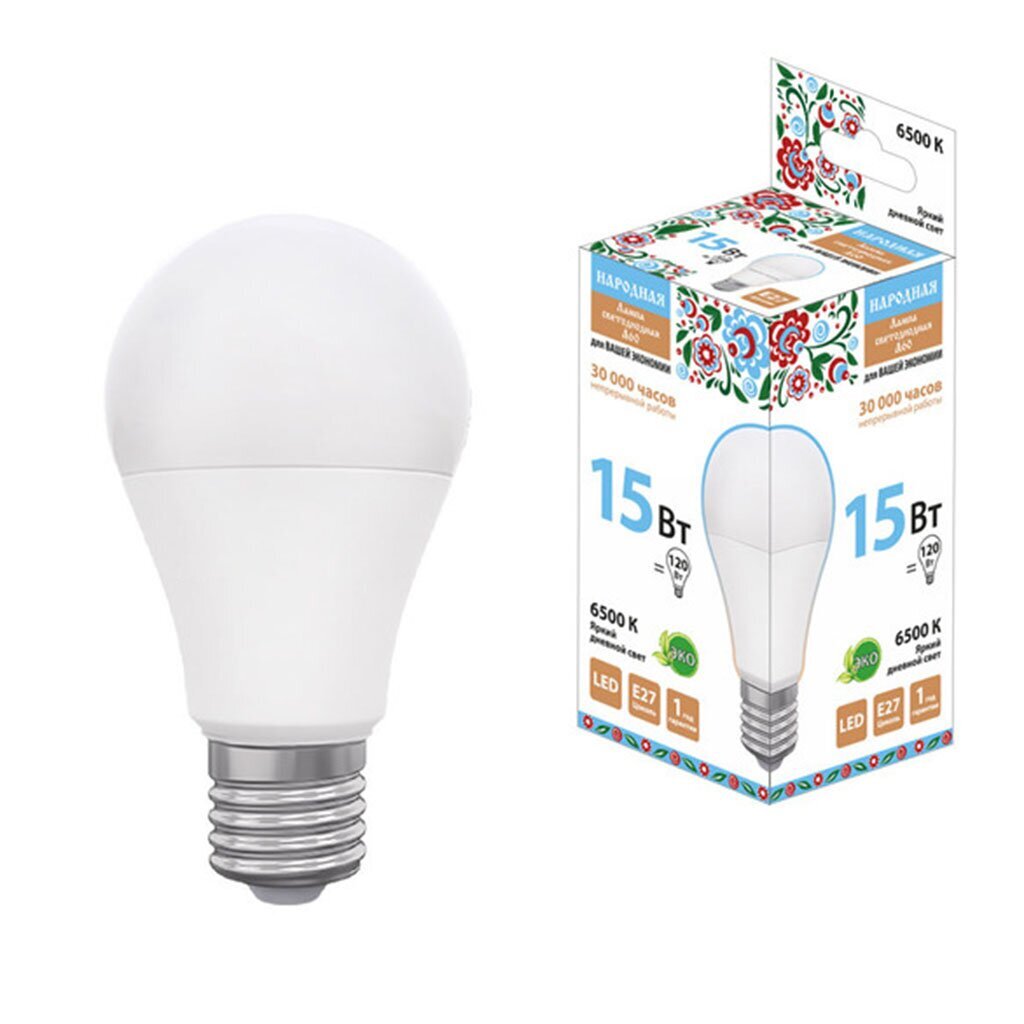 Лампа светодиодная E27, 15 Вт, 120 Вт, груша, 6500 К, холодный белый свет, TDM Electric, Народная, SQ0340-1515