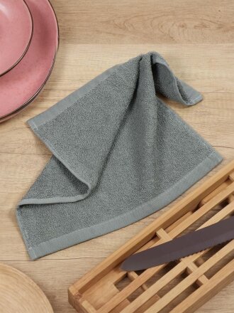 Полотенце кухонное махровое, 30х30 см, 380 г/м2, 100% хлопок, Barkas, Классика, серо-зеленое, Узбекистан, 386792