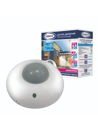 Датчик движения потолочный, 1200 Вт, 5-420 с, 8 м, IP44, белый, IONICH, 2201