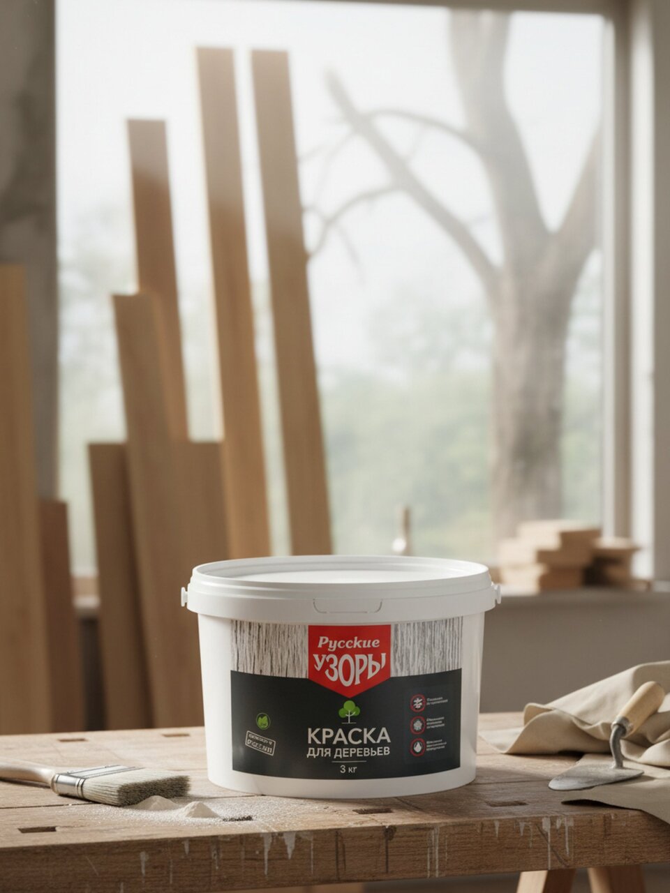 Побелка садовая для деревьев краска, 3 кг, ведро, Русские узоры