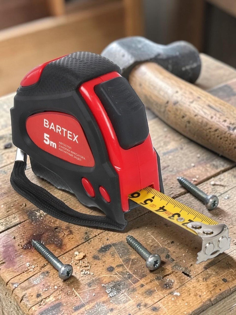 Рулетка 5 м, обрезиненный пластик, магнитный, 19 мм, автостоп, + 2 кнопки, Bartex, 32G-5019, JB 03