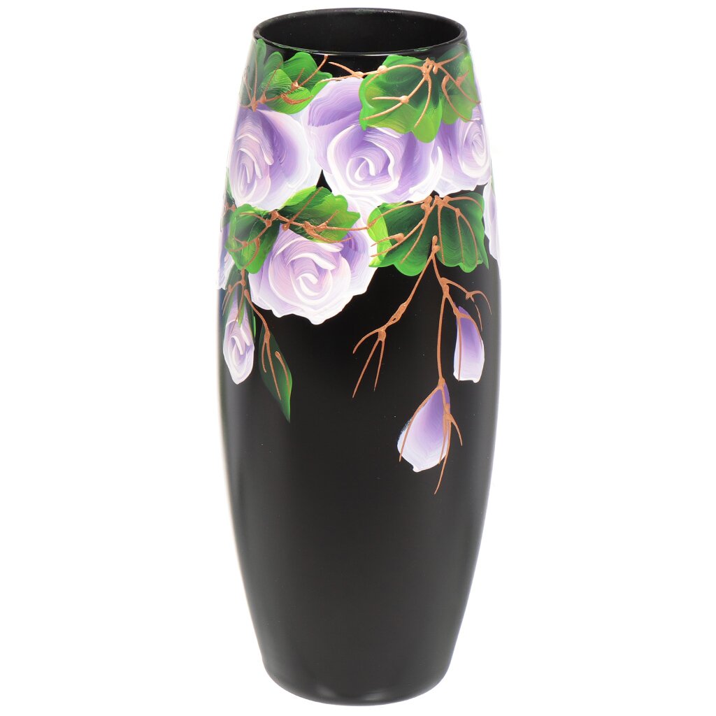 Ваза стекло, настольная, 25х10 см, Яблоко-С, Фиолетовые цветы на черном фоне, 7736/250/77-298.5