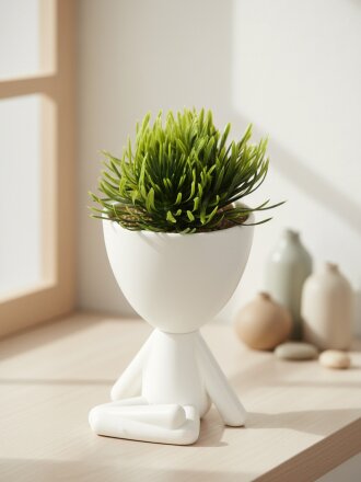 Цветок искусственный декоративный Человечки, трава в кашпо, 15х10х7 см, белый, Y4-11107