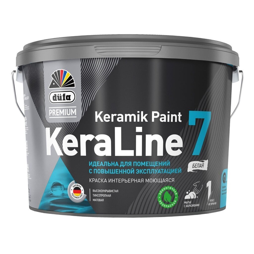 Краска водно-дисперсионная, Dufa Premium, KeraLine 7 База1, акриловая, универсальная, моющаяся, влагостойкая, матовая, 2.5 л