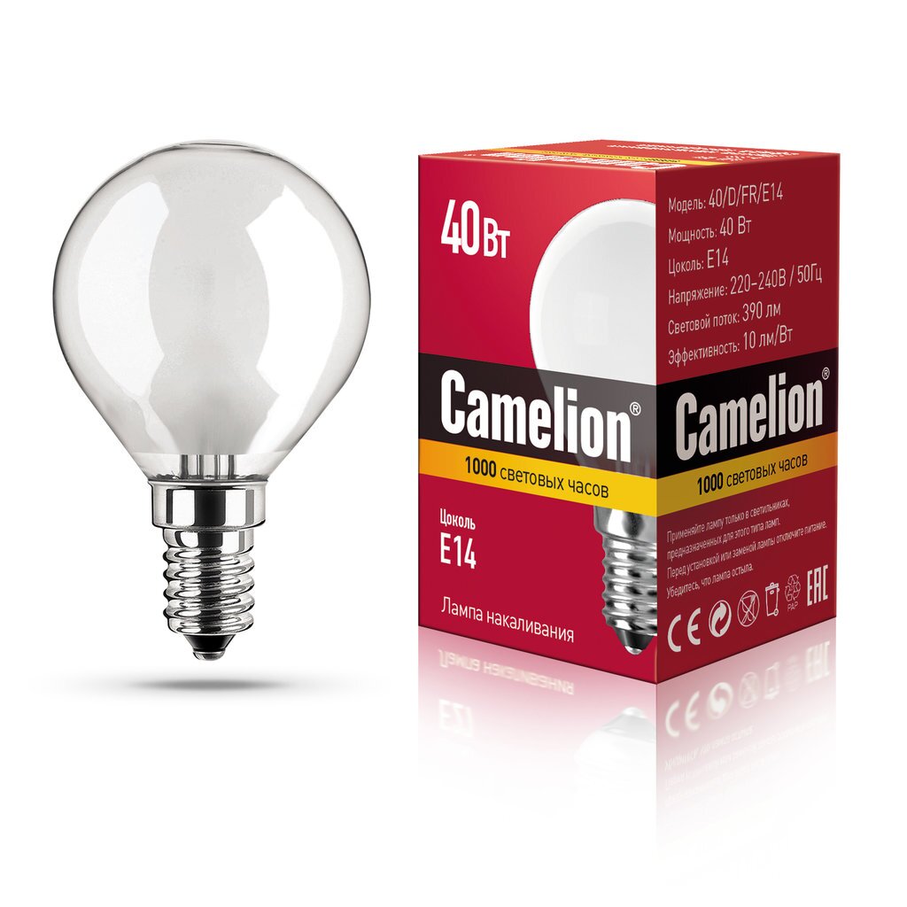 Лампа накаливания с матовой колбой, сфера MIC Camelion 40/D/FR/E14