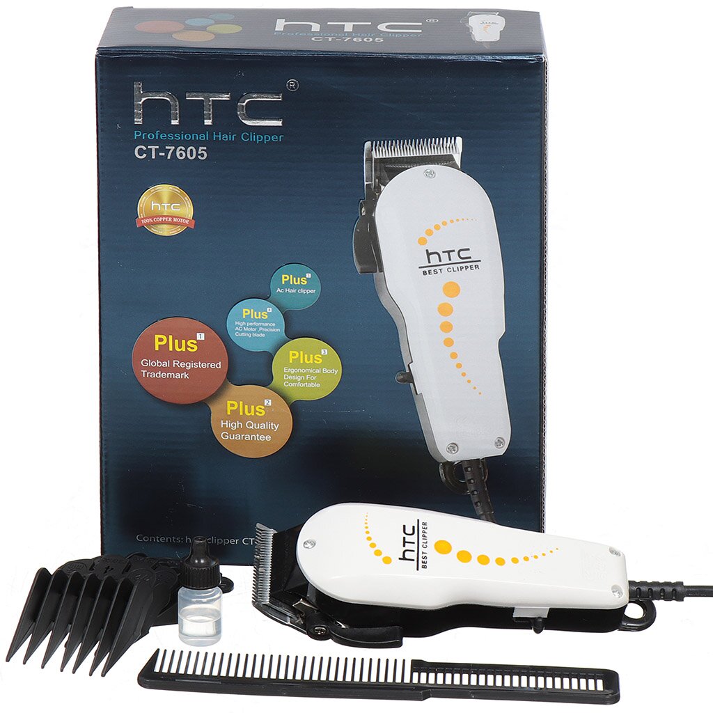 Машинка для стрижки HTC, CT-7605, сетевая, белая, насадки 3,6,9,12 мм, бесшумный DC - мотор