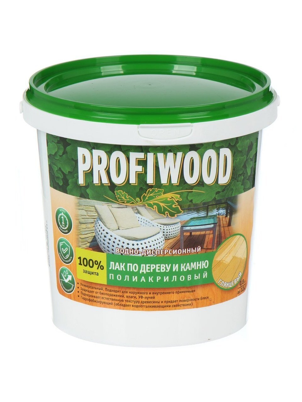 Лак Profiwood, по дереву и камню, водно-дисперсионный, глянцевый, полиакриловый, для внутренних и наружных работ, 0.9 кг