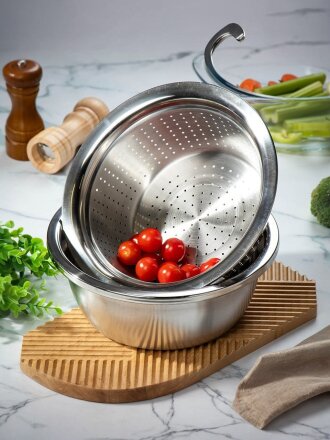 Набор салатник и дуршлаг нержавеющая сталь, круглый, 26х11 см, Y4-8686