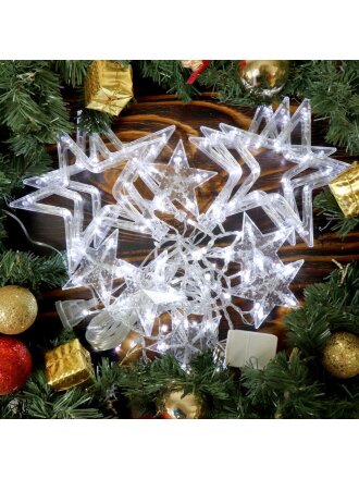 Гирлянда 120 ламп, 3.3 м, 8 режимов, Занавес, холодный белый свет, прозрачная, в помещении, сетевая, 12 звезд