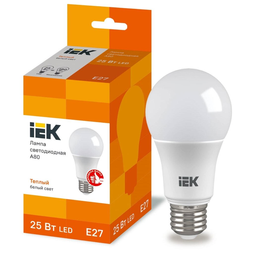 Лампа светодиодная E27, 25 Вт, 100 Вт, 230 В, шар, 3000 К, свет теплый белый, IEK, A80, LED