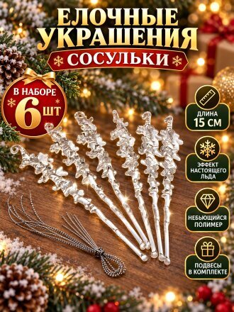 Елочное украшение Сосульки, 6 шт, прозрачное, 15х1.5 см, Y4-13227