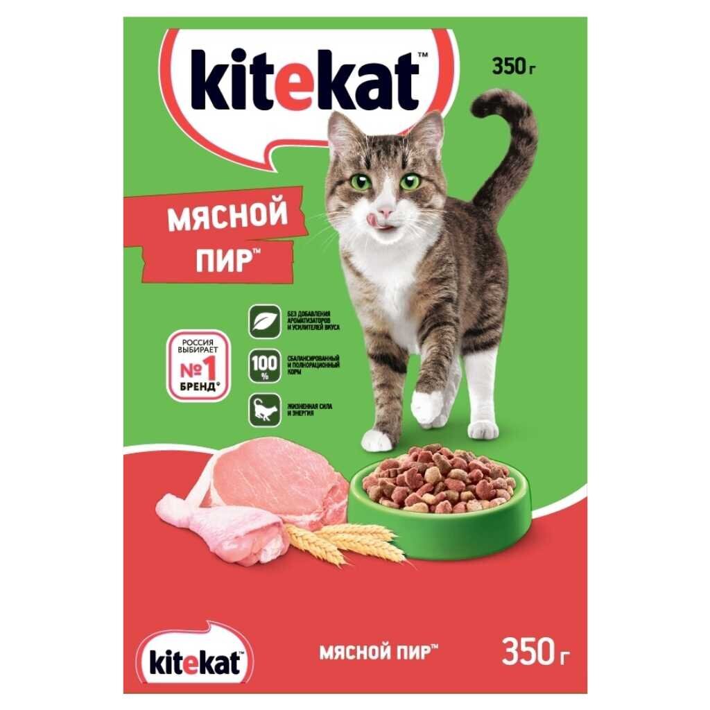 Корм для животных Kitekat, 350 г, для взрослых кошек, сухой, мясной пир, пакет, 10132138