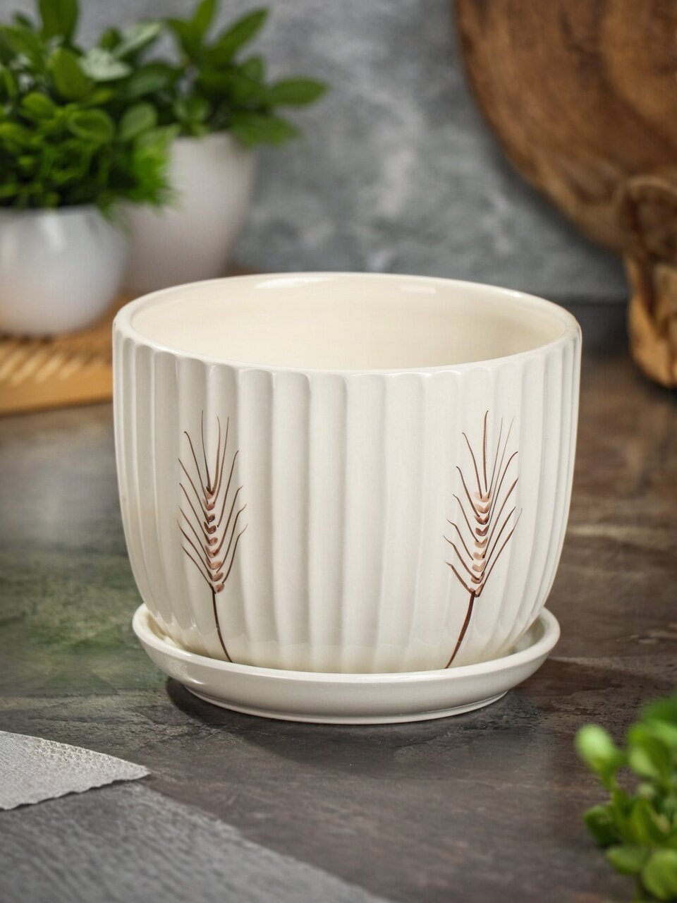 Горшок керамика, 3.6 л, 21х18 см, белый, Колосок, Y4-8769