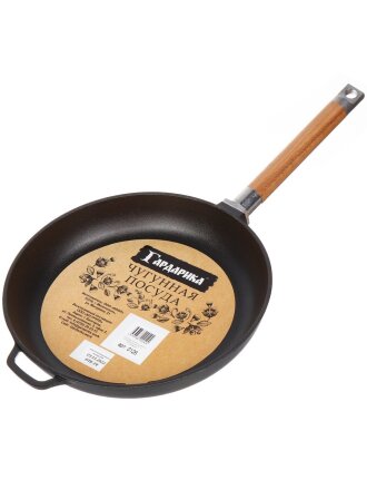 Сковорода чугун, 26 см, Гардарика, съемная ручка, с деревянной ручкой, индукция, 0126