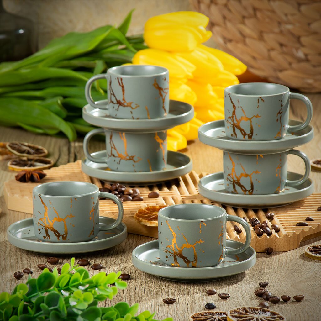 Кофейная пара керамика, 12 предметов, на 6 персон, 90 мл, Серый Мрамор, Y6-10145, подарочная упаковка dynasty чайно кофейный сервиз на 6 персон