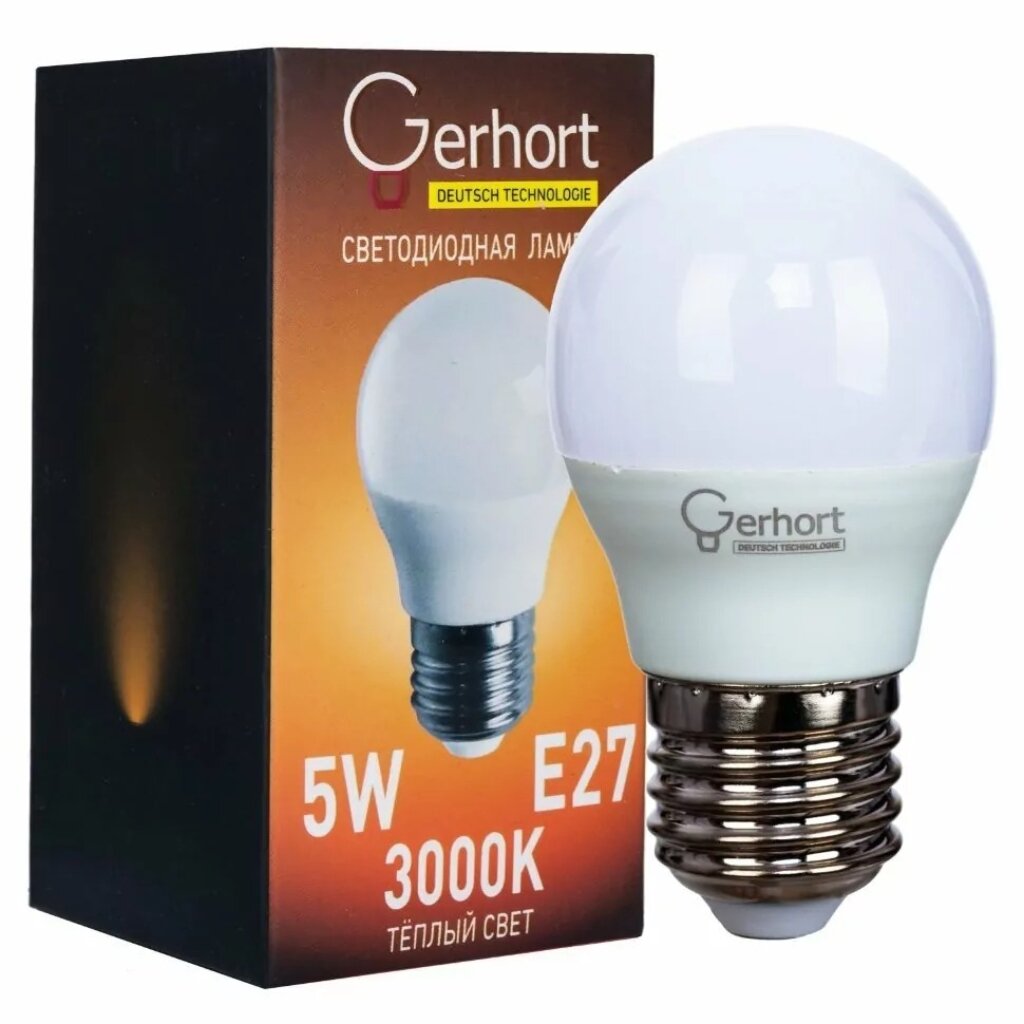 Лампа светодиодная E27, 5 Вт, шар, 3000 К, теплый белый свет, Gerhort, Лампа, 5W GERHORT G45 LED 3000K E27